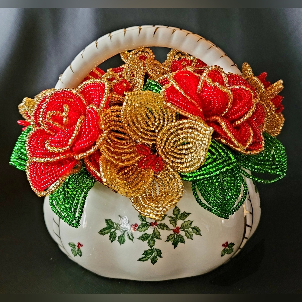 Vintage Christmas Vase filled with French Beaded Flowers